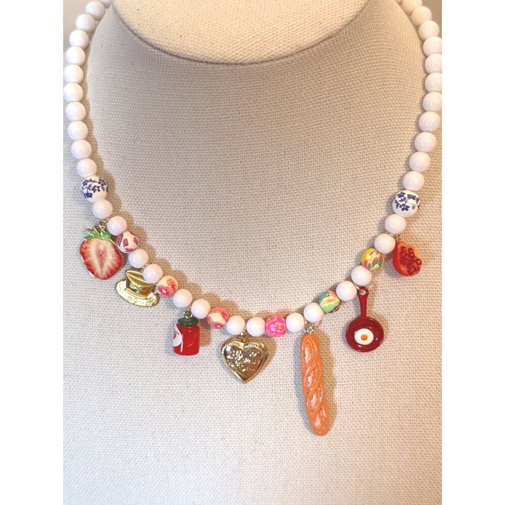 Handmade Beaded Necklace With White Beads & Assorted Fruit-Themed Charms Includi - Picture 6 of 6